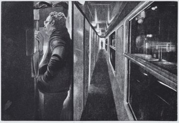 Couloir train de nuit, couple dans cabine et silhouette qui s'éloigne. Quai de nuit.